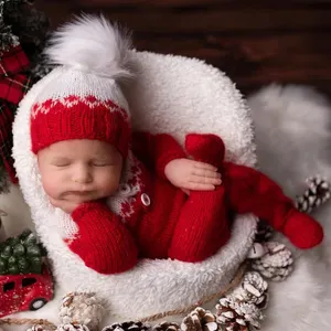 ชุดซานตาคลอสสำหรับถ่ายภาพเด็กแรกเกิด,ชุดเสื้อผ้าสำหรับถ่ายภาพคริสต์มาสหมวกผ้าขนแกะกางเกง