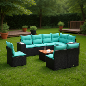Set di divani da giardino in polyrattan nero da 9 pezzi con cuscini, mobili da giardino, posti a sedere all'aperto - Product Image 2