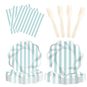 DAMAI - Vajilla Personalizada para Fiestas, Plato Ondulado con Estampado Plateado y Rayas Azules, Plato de Papel, Vaso, Servilleta - Product Image 4