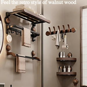 <span class=keywords><strong>Porte</strong></span>-serviettes en bois de noyer à <span class=keywords><strong>ventouse</strong></span>, fixation sans perçage, étagère murale solide pour salle de bain, organisateur de serviettes pour salle de bain - Product Image 2