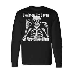 Camiseta de Manga Larga Unisex con Cuello Redondo, Diseño de Meme de Halloween Skeleton Six Seven Gen Alpha, para Actividades Promocionales, Serigrafiada - Product Image 2