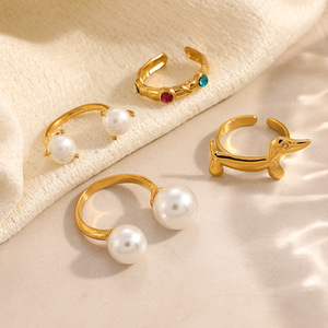 Animal Design Stainless Steel <b>Ring</b> With Pearl And Zircon Inlay Adjustable <b>Opening</b> 18K Gold Plated Unisex Fashion Jewelry - Product Image 2