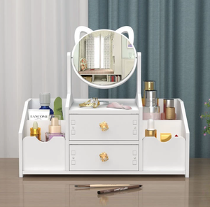 Organisateur de coiffeuse multifonctionnel en bois de style nordique de luxe - Boîte de rangement cosmétique avec miroir rond blanc et accents d'oreilles de chat & <span class=keywords><strong>Bui</strong></span> - Product Image 3