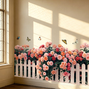 Autocollant mural 3D Jardin de roses romantique et clôture blanche - Décalcomanie florale auto-adhésive <span class=keywords><strong>pour</strong></span> plinthe de chambre et salon - Product Image 2