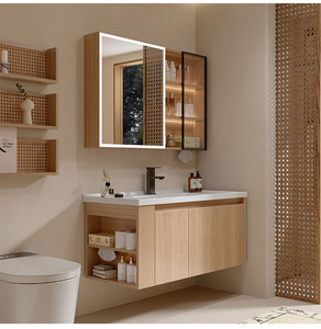 Meuble de salle de bain minimaliste européen en MDF laqué, ton bois naturel, avec vasque en céramique intégrée et armoire de rangement - Design moderne et luxueux - Product Image 1