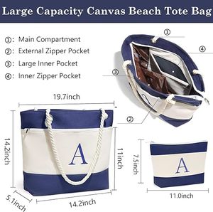 Sac de voyage en toile personnalisé avec logo initial, sac de plage, cadeaux d'anniversaire, sac fourre-tout avec trousse de maquillage - Product Image 4