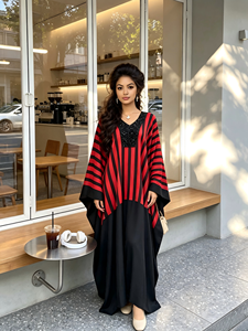 Abito Kaftano da Donna Africana Taglia Grande Estivo con Mezza Parte Superiore a Righe Verticali Bicolore, Orlo <span class=keywords><strong>Nero</strong></span> e Colletto con Paillettes - Product Image 5