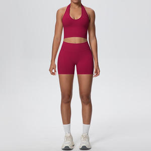 Ensemble de yoga 2 pièces à col halter et bretelles, short taille haute, couleur unie, en Spandex et Polyester, sans couture, extensible dans les quatre sens - Product Image 3