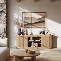 Meuble TV en bois naturel de style Japandi moderne, console multimédia à lattes cannelées, meuble TV en bois à bords incurvés, centre de divertissement de style Mid-Century