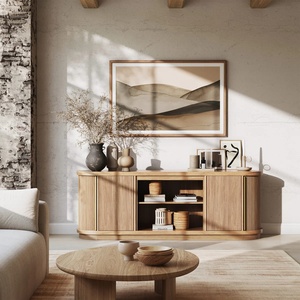 Mueble de <span class=keywords><strong>TV</strong></span> Moderno Estilo Japandi de Madera Natural, Consola Multimedia con Listones Acanalados, Mueble de <span class=keywords><strong>TV</strong></span> de Madera con Bordes Curvos, Centro de Entretenimiento de Mediados de Siglo - Product Image 2