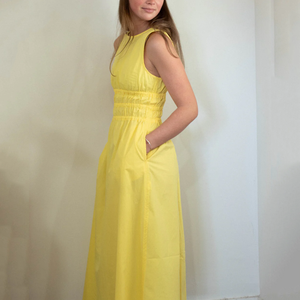 <span class=keywords><strong>Abito</strong></span> <span class=keywords><strong>Midi</strong></span> <span class=keywords><strong>Giallo</strong></span> da Donna con Corpetto Arricciato, Vestito Estivo Casual in Cotone a Linea A - Product Image 2