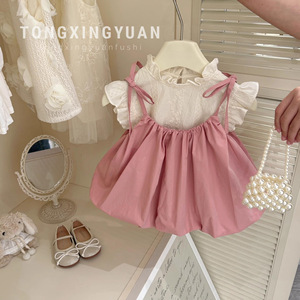 Tongxingyuan Baby Girls Summer Dress Set Cotton Lace Two Piece Princess Outfit Solid Color Thin Fabric Kids Clothing - Product Image 2