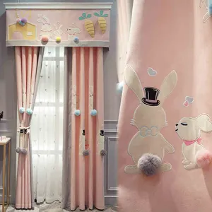 かわいい漫画ウサギペーストベルベット刺繍カーテン女の子プリンセススタイルモダンミニマリストカスタム子供部屋カーテン。