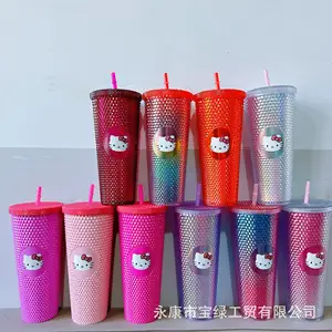 Desain baru Hello KT 710ml mug bertabur Tumbler sedotan cangkir kopi warna-warni cangkir air 24oz plastik kustom Kartun Tumbler