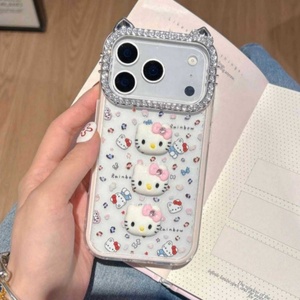 Fashion transparent cat ear diamond <b>camera</b> frame KT cute 3D <b>cartoon</b> phone case clear cover for iPhone 13 14 15 16 17Air - Product Image 5