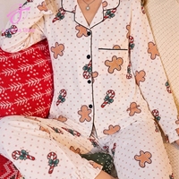 Pyjama pour femmes Loveda Wholesale, ensemble deux pièces, chemise à manches longues et pantalon droit, imprimé à pois de Noël