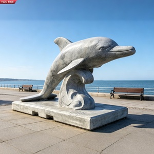 Scultura di Delfino in Granito Naturale Intagliata a Mano YOUFINE, Saltando su Onda, Statua Marina per Promenade Costiera - Product Image 1