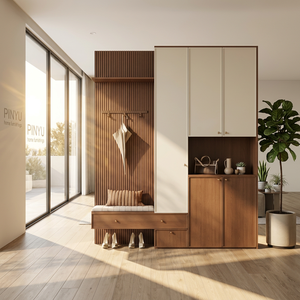 Nordic Two Tone Wood Wardrobe <strong>Closet</strong> Arch Fluted Panel <strong>Mudroom</strong> Entry Storage Bench Custom Hallway Furnishing - Product Image 1