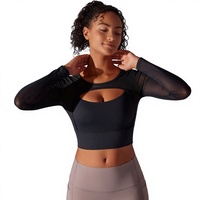 Soutien-gorge de sport en maille à manches longues pour femme, respirant, séchage rapide, avec coussinets intégrés, pour yoga et fitness