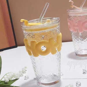 Offre Spéciale – <span class=keywords><strong>Bouteille</strong></span> d'eau en verre résistante à la chaleur, mignonne et tendance, avec paille en verre, tasse à café avec couvercle, idéale pour les cadeaux promotionnels - Product Image 2