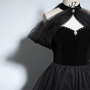 Black Off-The-Shoulder Empire Waist Ball Gown With Asymmetric Tulle Skirt For Evening Events - Product Image 4