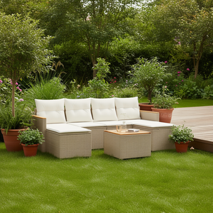 Ensemble de canapés de jardin beige en rotin, mobilier d'extérieur avec coussins en mousse haute densité, design contemporain imperméable - Product Image 2
