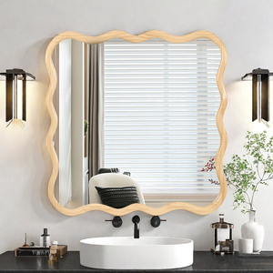 Solid Wood Wavy <b>Square</b> <b>Mirror</b> Natural Wood 36 X 36 Modern Wall Decor For Bathroom Bedroom Living Room Dining Room - Product Image 3