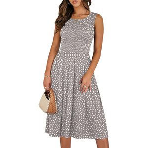 FOXA Robe midi d'été sans manches pour femme, taille élastique, style smocké, coupe trapèze, décontractée, pour la plage et les vacances - Product Image 1