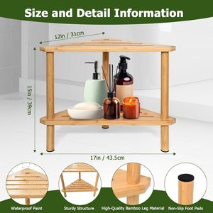 Estante de baño triangular de madera de doble capa, independiente, con reposapiés para ducha y almacenamiento para artículos de aseo y plantas - Product Image 2
