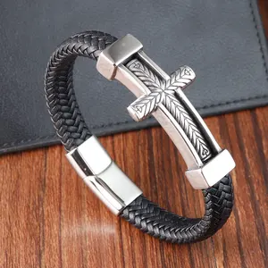 New Arrival Trendy Men Vintage Titanium Steel Cross Leather Bracelet For Male Gift Wristband Christian Jewelry