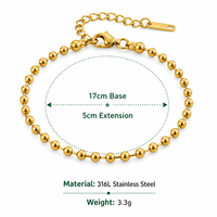 Bracelet en acier inoxydable plaqué or 18 carats PVD, motif géométrique religieux chrétien, chaîne à billes de 3 mm, perles délicates, pour femme
