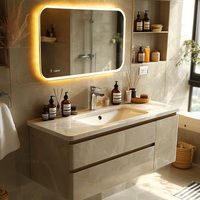 Ensemble Meuble de Salle de Bain avec Vasque en Marbre et Plan de Travail en Quartz, Meuble-Vasque et Lavabo