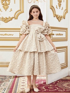 Jacquard de détail tissé pour faire Tween Girl Slim Fit <span class=keywords><strong>magnifique</strong></span> robe de vacances à manches courtes avec encolure carrée et fleur 3D - Product Image 2