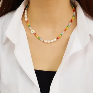 XIXe chaîne d'été femmes 18k plaqué or en acier inoxydable pierre naturelle perles de cristal coloré perles bijoux de mode colliers