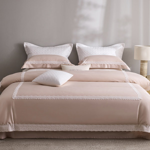 Luxury Four Piece <b>Bedding</b> Set Solid Color Lace Trim Breathable All Season - Product Image 2