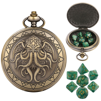 Ensemble de dés de jeu de rôle polyédriques miniatures en acrylique, 7 pièces, avec motif Cthulhu antique en relief, style montre de poche, et étui de rangement portable en métal avec chaîne