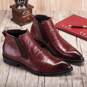 Bottes en cuir pointues tendance pour hommes, bottes mi-hautes en cuir, bottes pour hommes d'affaires - Product Image 5