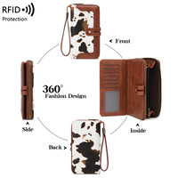 Dompet Panjang Kulit Wanita dengan Ritsleting, Multi-Kartu, Tempat Kartu, Organizer, Tali Pergelangan Tangan, Motif Leopard Ringan