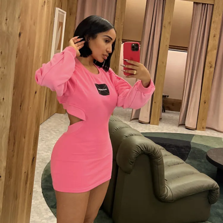 spring 2023 new arrivals pink casual dresses for women long sleeve hollow out o neck dress sexy mini party dress