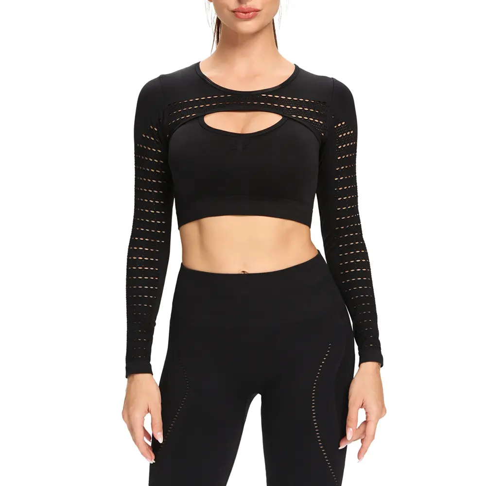 New Style Mesh Long Sleeve Seamless Hollow Out Yoga Crop Top Sport Top Running Fitness Wear Shirt