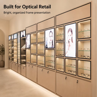 Vitrine de présentation en bois grainé sans peinture pour magasin de lunettes de vue, présentoir optique personnalisé pour détaillant