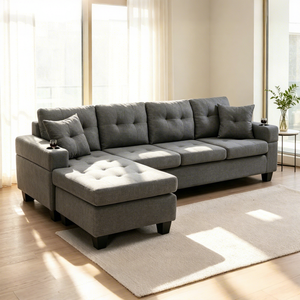 Sofá Seccional Runwood Moderno de 4 Plazas, Juego de Muebles para Sala de Estar con Chaise Longue Reversible en Forma de L, Tapizado en Lino - Product Image 1