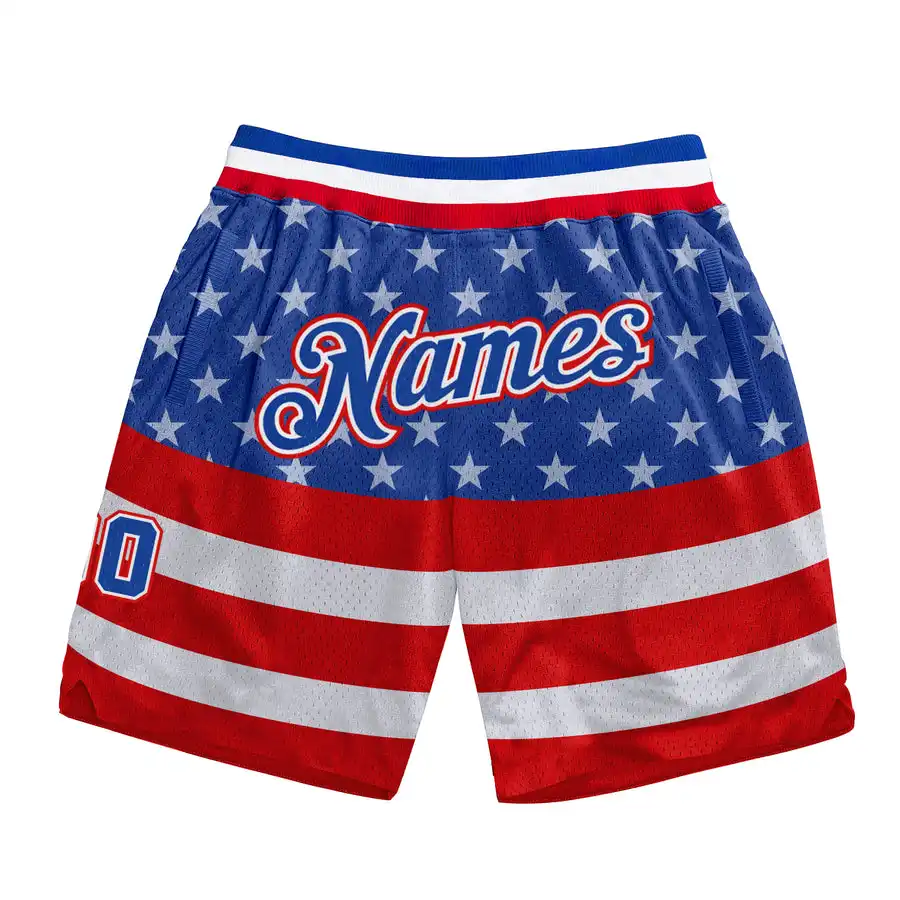 Shorts de basquete real personalizado com estampa 3D de bandeira americana, shorts casuais de basquete real vermelho e branco personalizados, calças casuais para dropshipping