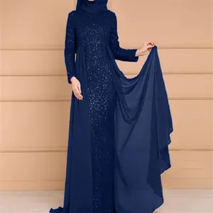 经典新款亮片大码连衣裙女性气质修身长袖沙特阿拉伯长袍S-5xl