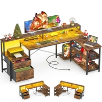 Bureau d'ordinateur en métal en forme de L réversible avec tiroir à dossiers, prise de courant, bande LED et support long pour écran, idéal pour le salon - Écologique