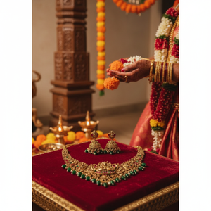 High Quality Ethnic Traditional South Indian Temple Bridal <b>Set</b> Zircon Flower Design Gold Plated Alloy Engagement Wedding Party - Product Image 3