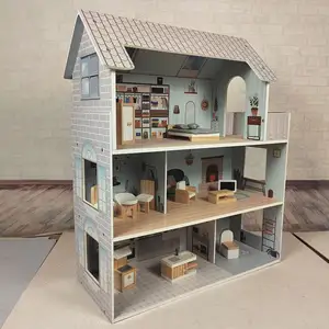 Wooden Dolls House for Girls Kids, Dollhouse de 3 andares com móveis e acessórios, Preschool Toy Doll House