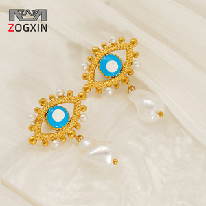 ZOGXIN Devil Eye Drop Earrings Blue Pearl 18K Gold Plated Stainless Steel Party Jewelry Women Fashion Earrings - Product Image 1
