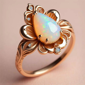 Anillo de cóctel con flor A071 para mujer, con ópalo natural en forma de pera y engaste de garra, anillos de moda para boda - Product Image 1