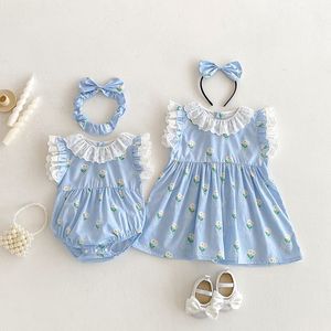 Sommerlicher Spitzen-Strampler ohne Ärmel für Babymädchen mit Haarband-Set, dünnes Blumenmuster-Kleid für Kinder, süße Kinderkleidung - Product Image 2